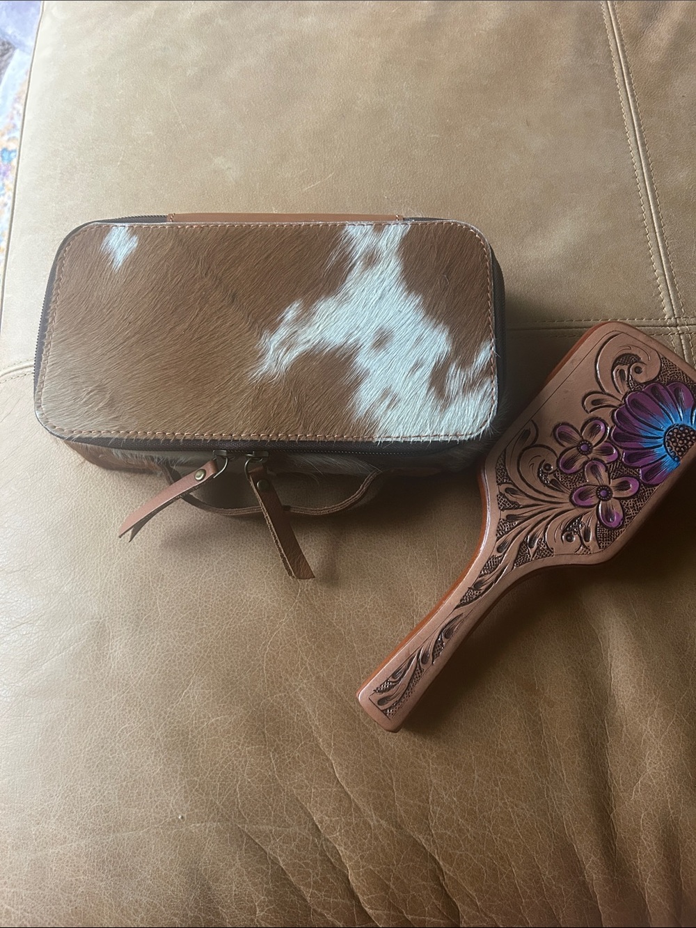 Cowhide Travel Case Cosmetic Bag and leather tooled hair brush